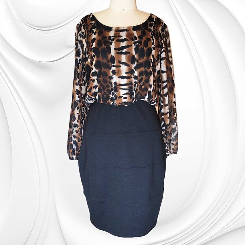 Enfocus Studio blown black animal print feather blouson dress